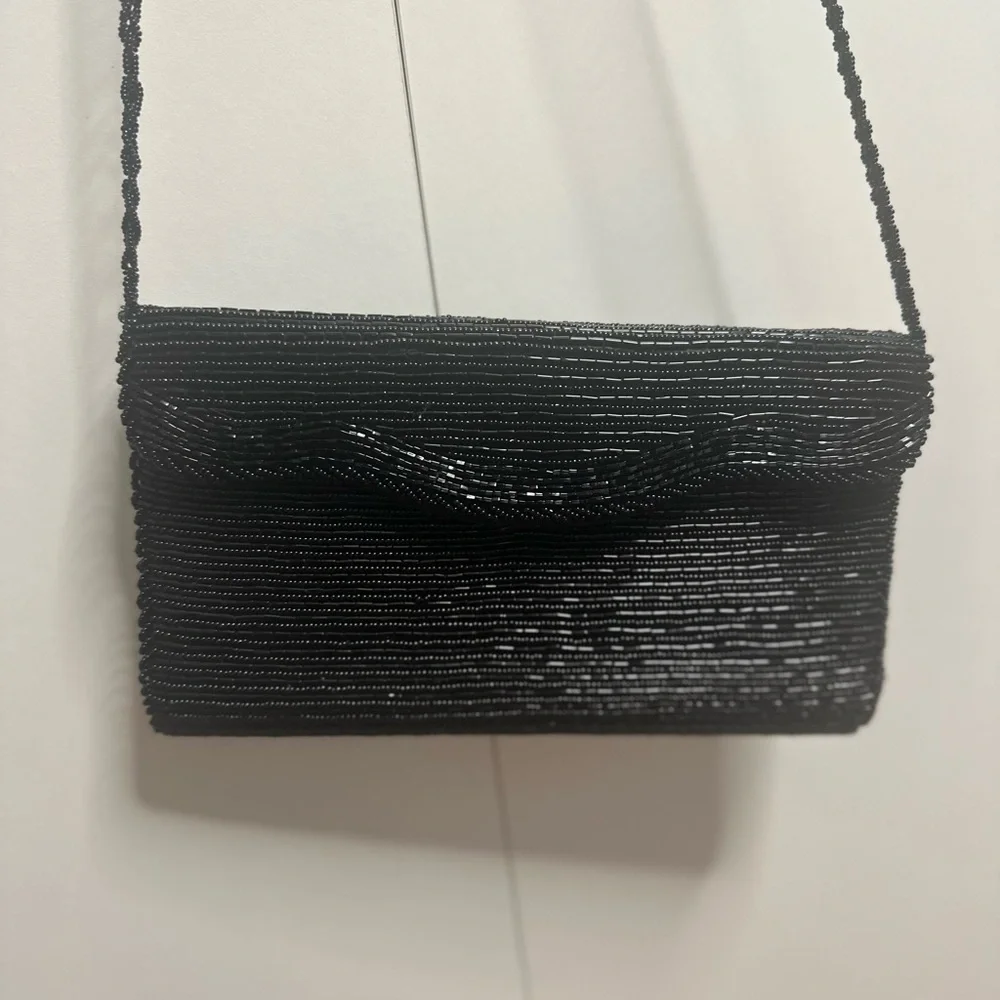 Vintage Black Fully Beaded Evening Bag, Handmade, Satin Lined, Shoulder Strap